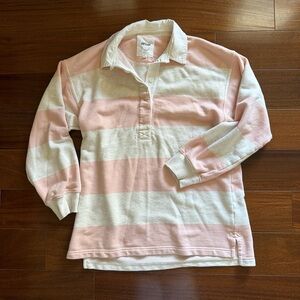 Aerie Women’s Oversized Polo Sweatshirt in Pink and Cream Stripes